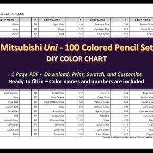 May include: A color chart for a 100-piece set of Mitsubishi Uni colored pencils. The chart is organized by color family and includes the color name and number for each pencil. The chart is ready to be printed and used for color matching and reference.
