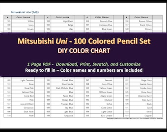 Mitsubishi Uni - 100 Colored Pencil Set - DIY Color Chart / Swatch Sheet - Digital Download