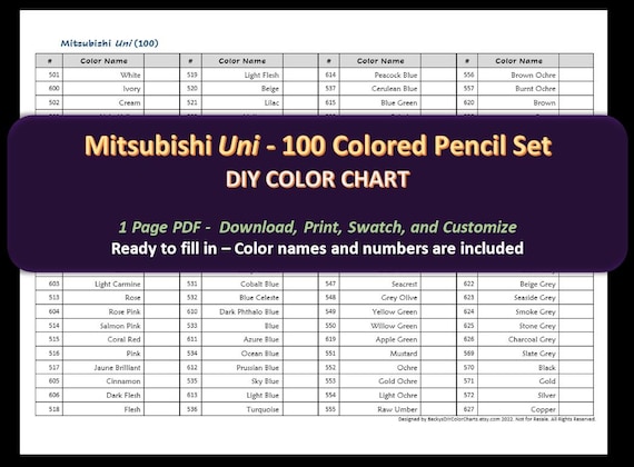 Mitsubishi Uni - 100 Colored Pencil Set - DIY Color Chart / Swatch