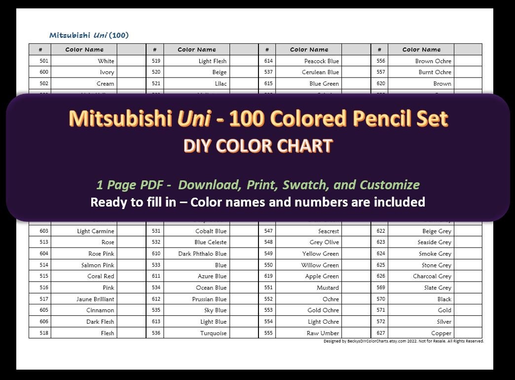 Mitsubishi Uni - 100 Colored Pencil Set - DIY Color Chart / Swatch