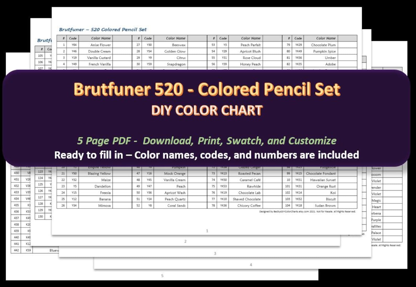 Brutfuner 520 Colored Pencil Set DIY Blank Color Chart | Etsy