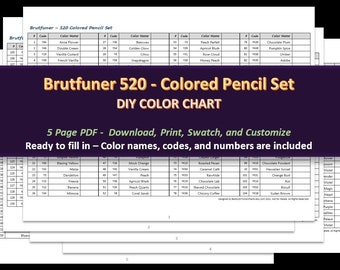 Brutfuner - Original in FLOWERY BOXES - 520 Colored Pencil Set - DIY Blank Color Chart /Swatch Sheet - Digital Download