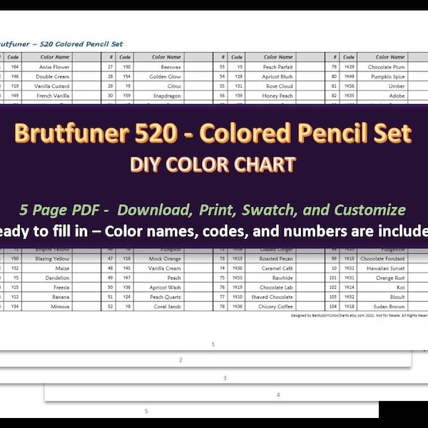 Brutfuner - Original dans des BOÎTES FLEURIES - Ensemble de 520 crayons de couleur - Nuancier vierge DIY / Feuille d'échantillons - Téléchargement numérique