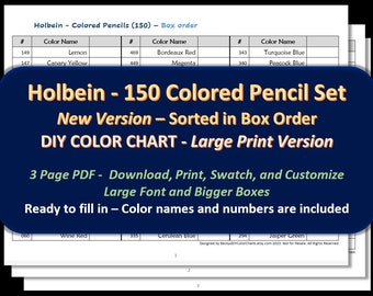 Holbein - V2 - Box Order - LARGE PRINT 150 Colored Pencil Set - DIY Color Chart / Swatch Sheet - Digital Download