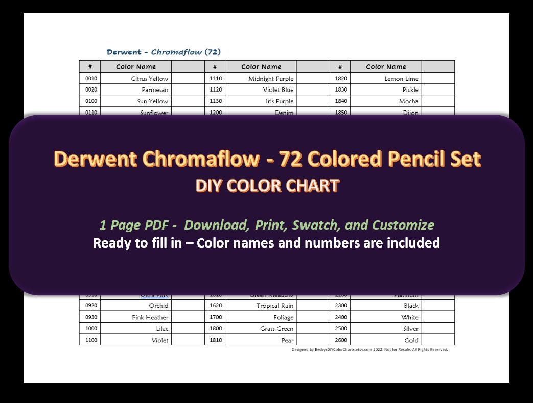 Derwent Chromaflow - 72 Colored Pencil Set - DIY Color Chart / Swatch Sheet  - Digital Download