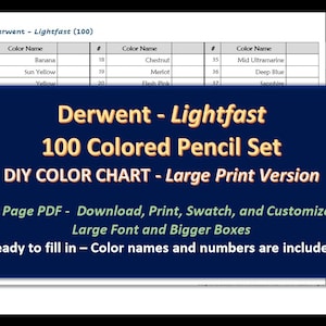 Derwent Lightfast - GROTE PRINT 100 Kleurpotlood Set - DIY Kleurenkaart / Swatch Sheet - Digitale download
