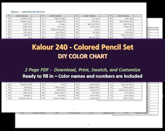 Kalour - 240 Colored Pencil Set - DIY Color Chart / Swatch Sheet - Digital Download