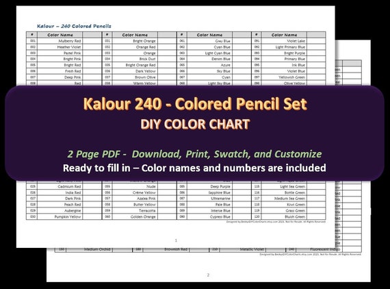 Kalour 240 Colored Pencil Set DIY Color Chart / Swatch Sheet Digital  Download 