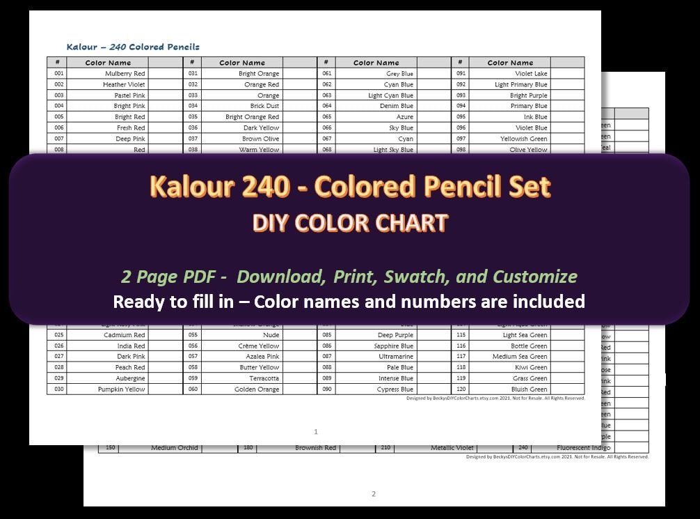 Kalour - 520 Colored Pencil Set - DIY Blank Color Chart /Swatch Sheet -  Digital Download