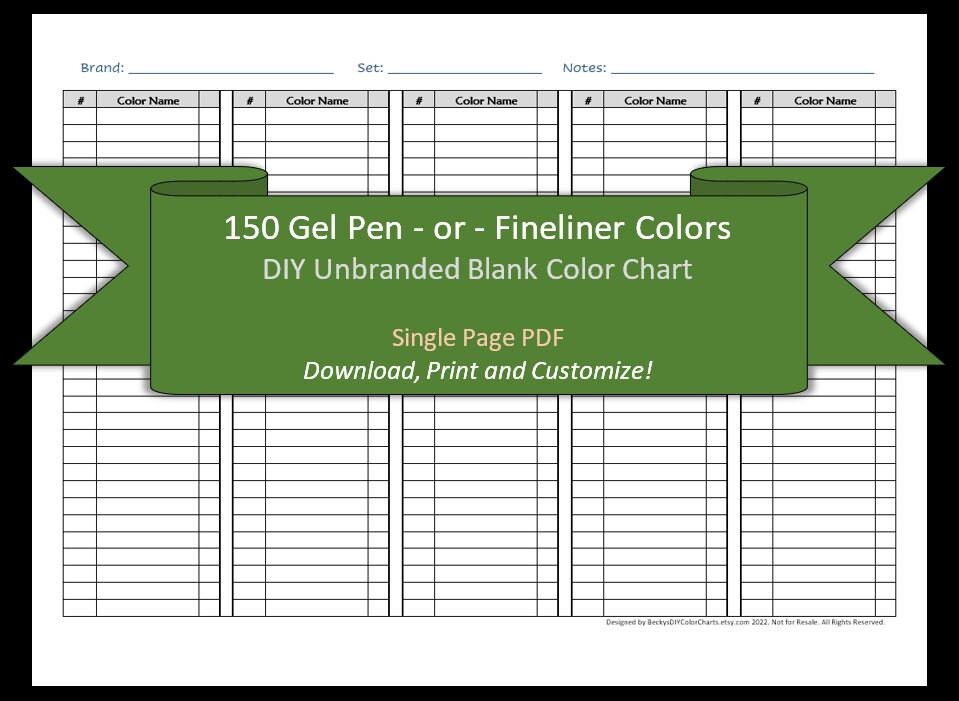 Gel Pens 120 Pen Set Digital Download DIY Color Chart / Swatch Sheet