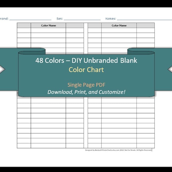 48 Colors - 1 Page - DIY Blank Color Chart /Swatch Sheet - Digital Download