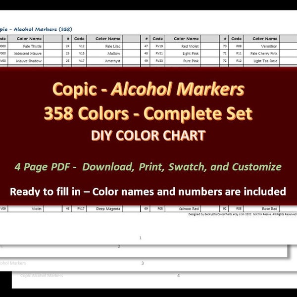 Copic - 358 Alcohol Markers - DIY Color Chart / Swatch Sheet - Digital Download