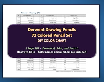 Derwent Drawing Pencils - 72 Colored Pencil Set - PDF DIY Color Chart / Swatch Sheet