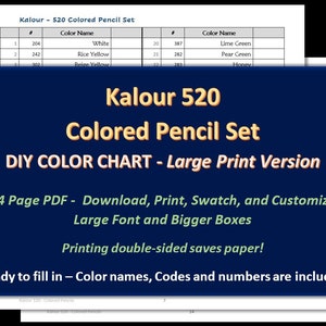 Kalour - GROTE PRINT 520 kleurpotloodset - DIY lege kleurenkaart / staalblad - digitale download