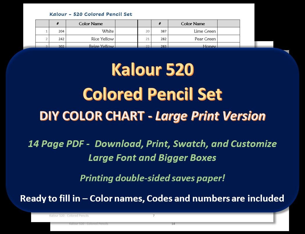 Kalour LARGE PRINT 520 Colored Pencil Set DIY Blank Color Chart