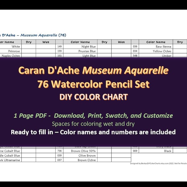 Caran D'Ache Museum Aquarelle - 76 Watercolors Pencils Set - DIY Color Chart / Swatch Sheet - Digital Download
