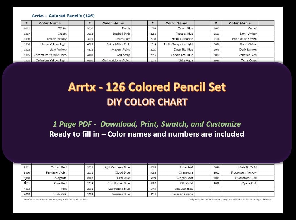 Arrtx 126 Colored Pencils Swatch Chart 