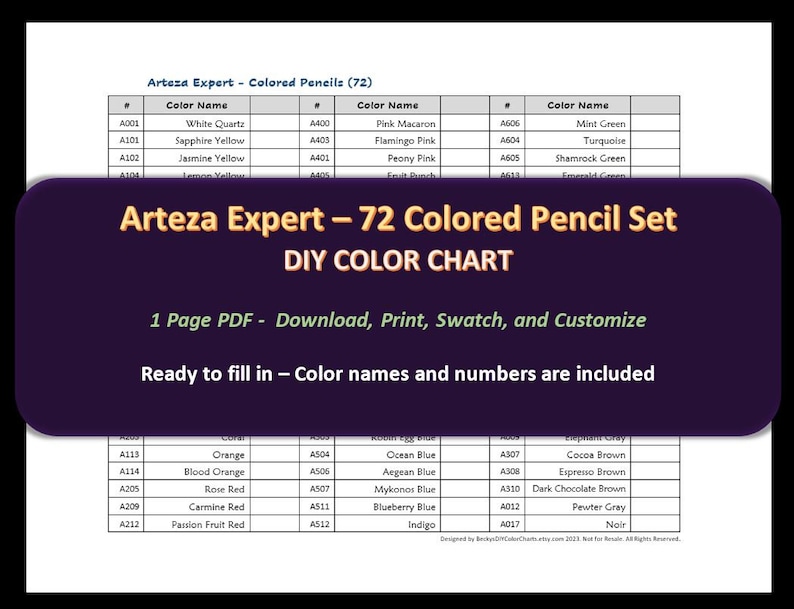 Arteza Expert - 72 Colored Pencil Set - DIY Color Chart / Swatch Sheet ...