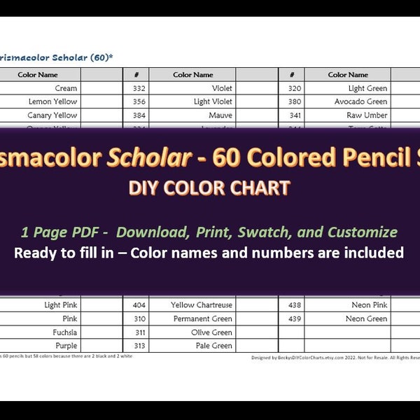 Prismacolor Scholar - Ensemble de 60 crayons de couleur - Nuancier DIY / Swatch Sheet - Téléchargement numérique
