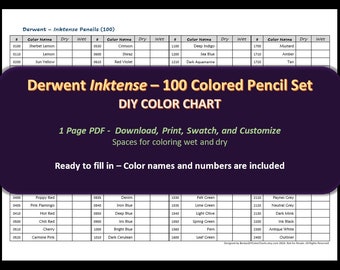 Derwent Inktense - 100 Pencil Set - DIY Blank Color Chart /Swatch Sheet - Digital Download