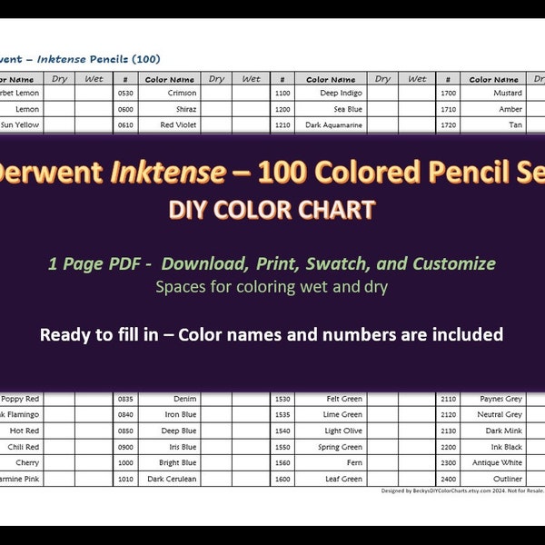 Derwent Inktense - 100 Pencil Set - DIY Blank Color Chart /Swatch Sheet - Digital Download