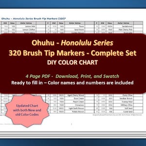 Ohuhu - Honolulu Series (Brush Tip) 320 Marker Set - DIY Color Chart / Swatch Sheet - Digital Download