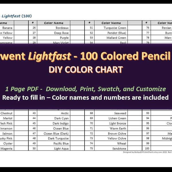 Derwent Lightfast - 100 Colored Pencil Set - DIY Color Chart / Swatch Sheet - Digital Download