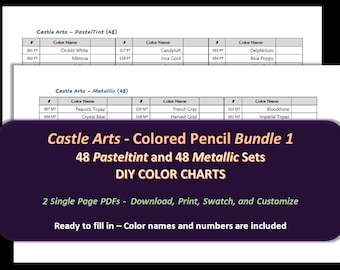 May include: A printable color chart for Castle Arts colored pencils. The chart includes 48 pastel tint and 48 metallic colors. The chart is ready to be filled in with color names and numbers.