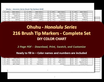 Ohuhu - Honolulu Series (Brush Tip) 216 Marker Set - DIY Color Chart / Swatch Sheet - Téléchargement numérique