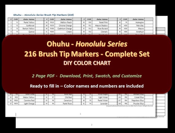 Ohuhu Honolulu Series brush Tip 216 Marker Set DIY Color Chart