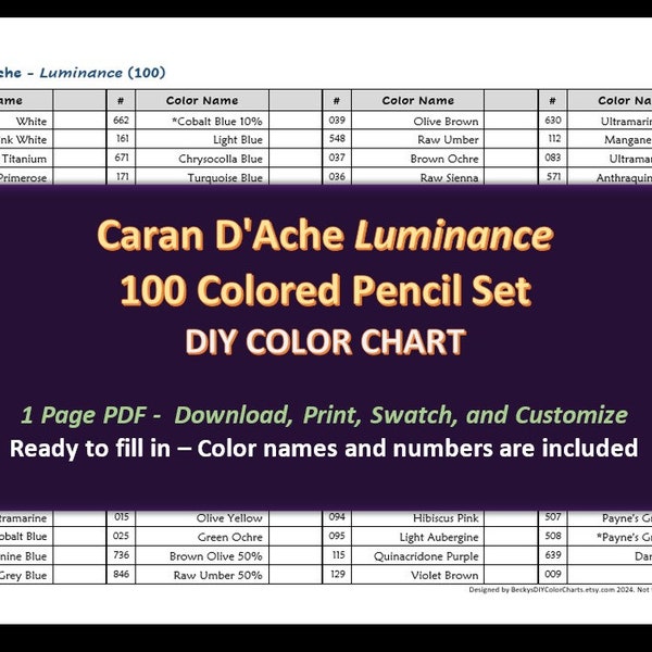 Caran D'ache LUMINANCE - 100 crayons de couleur - nuancier DIY / feuille d'échantillons - téléchargement numérique