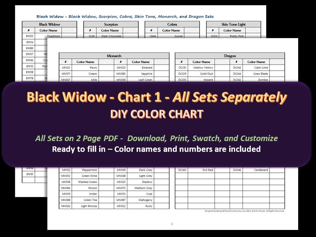Black Widow Chart 1 ALL Colored Pencil Sets Separately DIY Color Chart ...