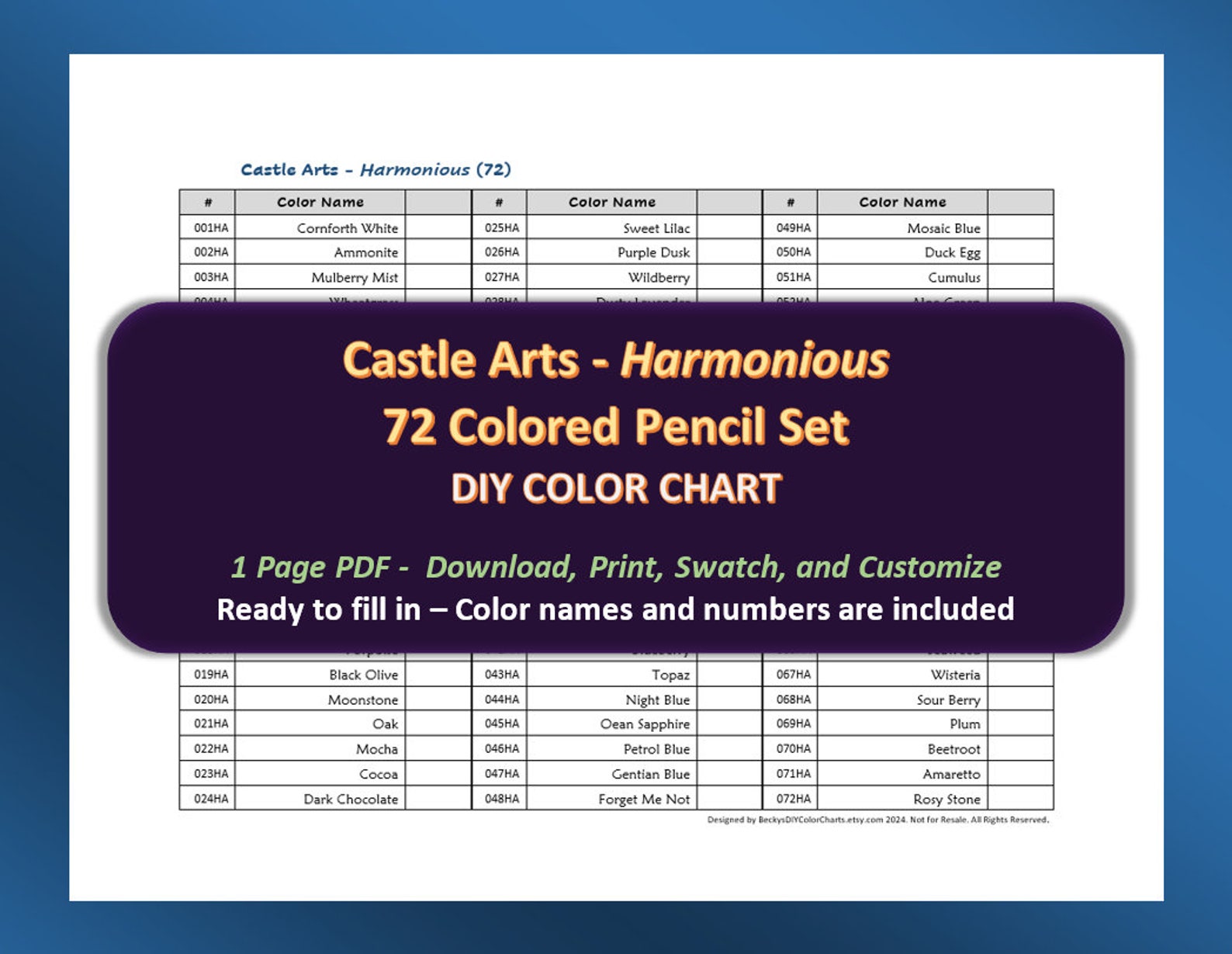 Castle Arts - Harmonious 72 Colored Pencil Set - DIY Color Chart ...
