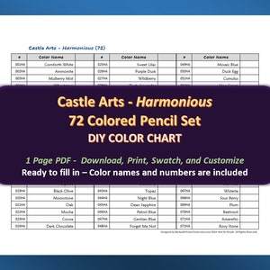 Castle Arts - Conjunto de 72 lápis de cor Harmonious - Tabela de cores DIY / Folha de amostra PDF