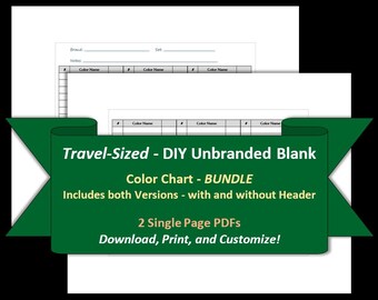 May include: A printable color chart template for creating your own color swatches. The template includes two versions, one with a header and one without. The template is travel-sized and can be downloaded, printed, and customized.