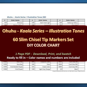 Ohuhu - Serie de ilustraciones Kaala (punta fina de cincel) Juego de 60 marcadores - Tabla de colores DIY en formato PDF / Hoja de muestras