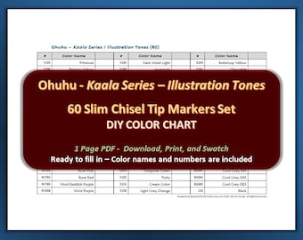 Ohuhu - Kaala Illustration Series (Slim Chisel Tip) 60 Marker Set - PDF DIY Color Chart / Swatch Sheet