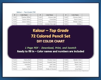 Kalour - Top Grade 72 Colored Pencils Set - PDF DIY Color Chart / Swatch Sheet