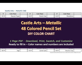 Castle Arts - Ensembles de 48 crayons de couleur métalliques - Nuancier DIY / Feuille d’échantillons - Téléchargement numérique