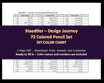 Staedtler Design Journey - 72 Colored Pencil Set - DIY Color Chart / Swatch Sheet - Digital Download