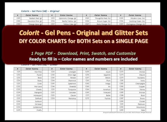 Colorit Gel Pens Both Original and Glitter Sets DIY Color Chart