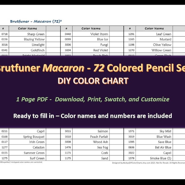 Macaron Brutfuner - 72 crayons de couleur - nuancier DIY / planche d'échantillons - téléchargement numérique