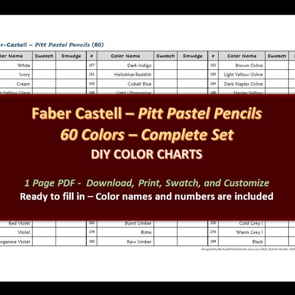 Faber-Castell - 60 Pitt Pastel Pencil Set - DIY Color Chart / Swatch Sheet - Digital Download