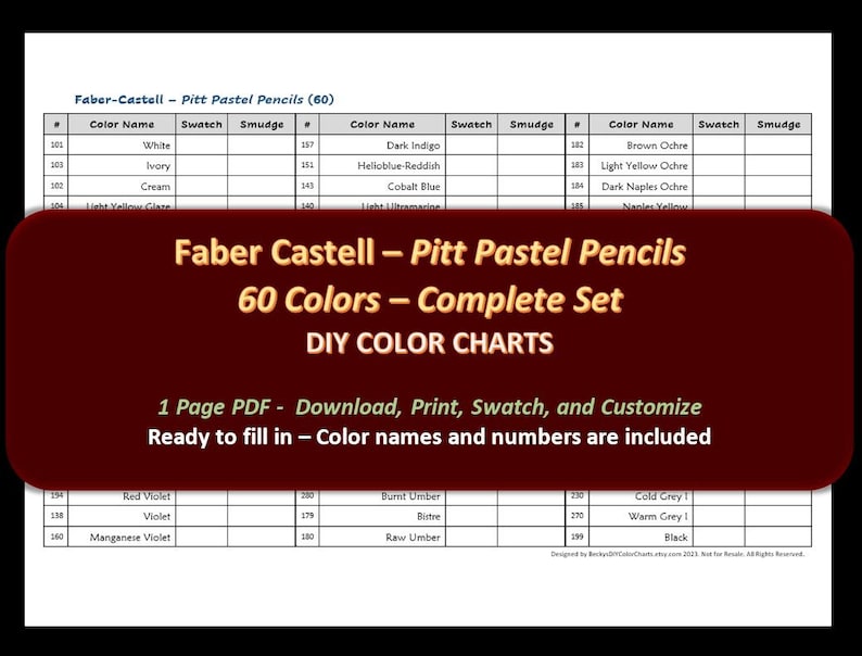 Faber-Castell 60 Pitt Pastel Pencil Set DIY Color Chart / Swatch Sheet Digital Download image 1