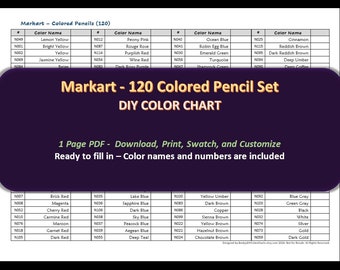 Markart - 120 Colored Pencil Set - DIY Color Chart / Swatch Sheet - Digital Download