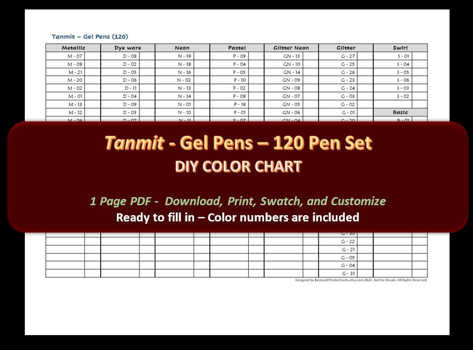 Tanmit Gel Pens 120 Pen Set DIY Color Chart / Swatch Sheet Digital