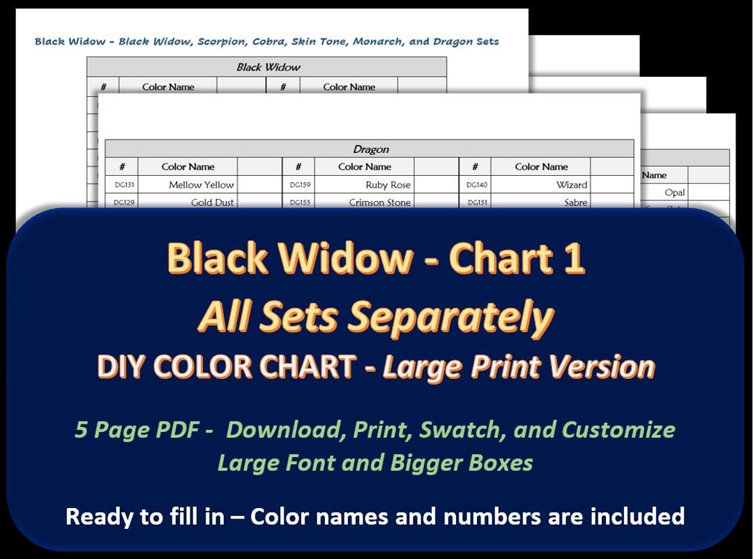 Black Widow LARGE PRINT Chart 1 All Colored Pencil Sets Separately DIY ...