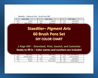 Staedtler - Pigment Arts 60 Brush Pens Set - PDF DIY Color Chart / Swatch Sheet