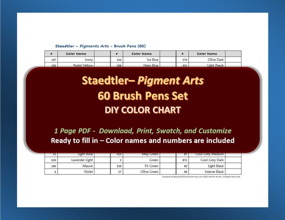 Staedtler - Pigment Arts 60 Brush Pens Set - PDF DIY Color Chart / Swatch Sheet