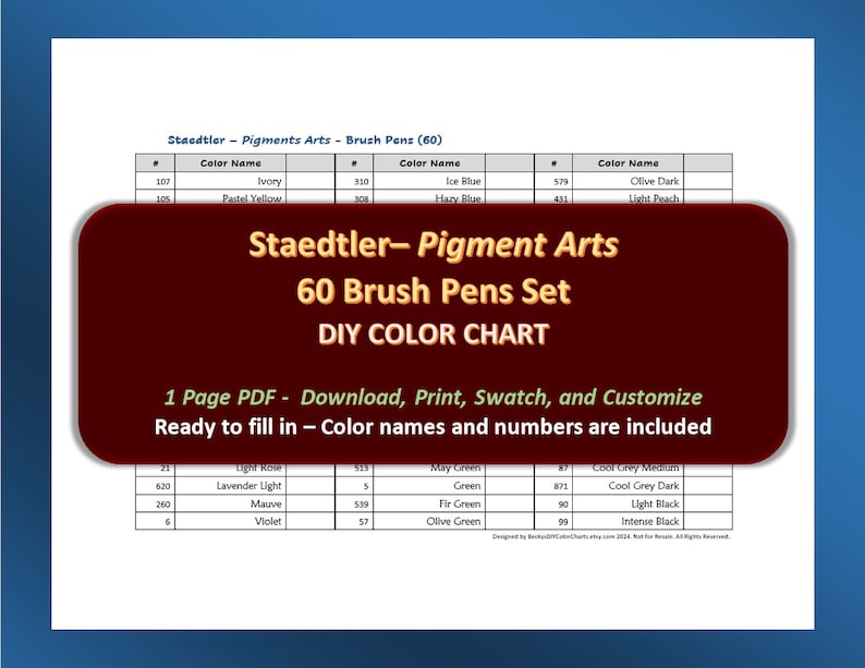 Staedtler Pigment Arts 60 Brush Pens set - color chart/ swatch sheet - listing image